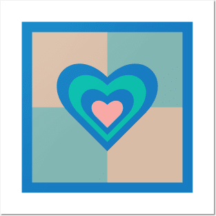LOVE HEARTS CHECKERBOARD Retro Alt Valentines in Royal Blue Turquoise Pink on Beige Aqua Geometric Grid - UnBlink Studio by Jackie Tahara Posters and Art